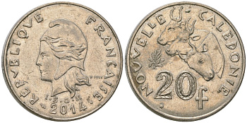 Французская Новая Каледония 20 франков 2014 три быка, (IEOM) KM 12a, Schoen 14a медно-никель 4137-445