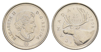 Канада 25 центов 2008 Leaf, Елизавета II (1952-2022), олень KM 2296 сталь плакированная никелем UNC 4631-725
