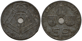 Бельгия 5 сантимов 1942 Belgie - Belgique KM 124 цинк 4602-138