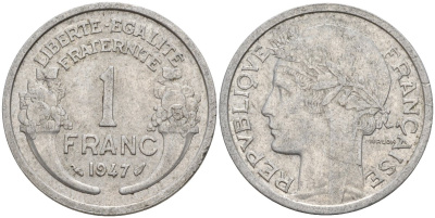 Франция 1 франк 1947 KM 885a.1 алюминий 4142-947