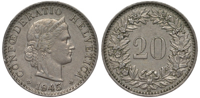 Швейцария 20 раппенов 1945 в KM 29а медно-никель 4128-725