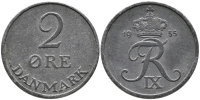 ДАНИЯ 2 ЭРЕ 1955 N; S, ФРЕДЕРИК IX (1947-1972) KM 840.1 цинк 28-1043