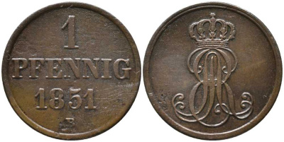 Ганновер 1 пфенниг 1851 B, Эрнст Август (1837-1851) KM 201.1, AKS 129, J. 74 медь 4448-1027