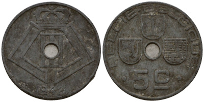 Бельгия 5 сантимов 1942 Belgie - Belgique KM 124 цинк 4602-138