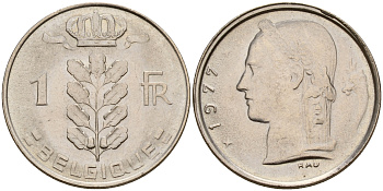 Бельгия 1 франк 1977 Belgique, Бодуэн I (1951-1993) KM 142.1 медно-никель  UNC  4187-113