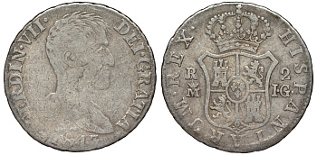 Испания 2 реала 1813 IG, ФЕРДИНАНД VII KM 474.3 (C134a.3) серебро 00-00