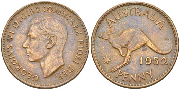 Австралия 1 пенни 1952 m, Георг VI (1937-1952), кенгуру KM 43 бронза 4512-1211
