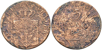 ПРУССИЯ 3 ПФЕННИГА 1821 А, ФРИДРИХ ВИЛЬГЕЛЬМ III (1797-1840) KM 407 медь 210-1144