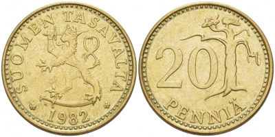 ФИНЛЯНДИЯ 20 ПЕННИ 1982 K KM 47 алюминиевая бронза 3718-521