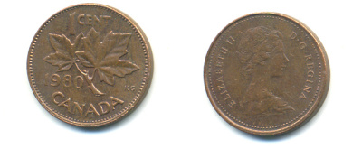 Канада 1 цент 1980 Елизавета II (1952-2022), кленовый листТ KM 127 бронза 177-1359