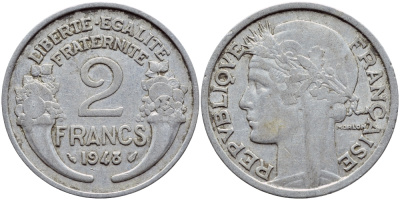 Франция 2 франка 1948 KM 886а.1 алюминий 4397-745