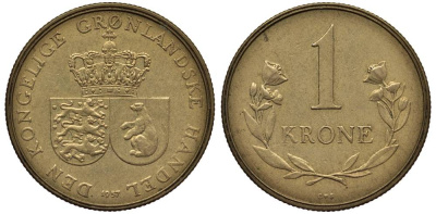 Гренландия 1 крона 1957 CS, Датское государство (1953-1979) KM 10 алюминиевая бронза 69-444