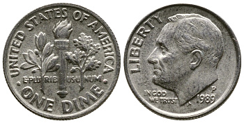 США 10 ЦЕНТОВ = 1 ДАЙМ 1989 P, РУЗВЕЛЬТ KM 195а медь плакированная медно-никелем 57-1247