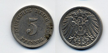 Германия 5 пфеннигов 1908 A KM 11, Jager 12, Weege 6 медно-никель 84-1664