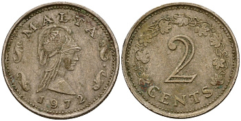 Мальта 2 цента 1972 Пентесилея, царица амазонок KM 9 медь цинк 4154-635