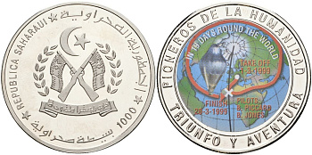 Западная Сахара 1000 песет ND (1997) пионеры человечества - за 19 дней вокруг света, 1999 UC 201 медно-никель UNC 11-080-21