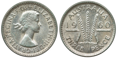 Австралия 3 пенса 1960 m, Елизавета II (1952-2022) KM 57 серебро 71-646