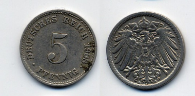 Германия 5 пфеннигов 1908 A KM 11, Jager 12, Weege 6 медно-никель 84-1664