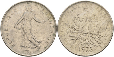 Франция 5 франков 1973 сеятель, тип Semeuse KM 926a.1, Le Franc 341.5 медно-никель плакированный никелем 4117-1213