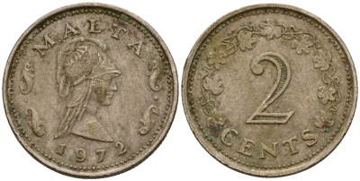 Мальта 2 цента 1972 Пентесилея, царица амазонок KM 9 медь цинк 4154-635