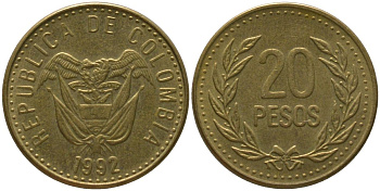 Колумбия 20 песо 1992 KM 282 алюминиевая бронза 4528-1138