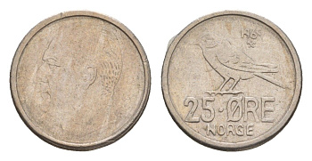 Норвегия 25 эре 1969 Улаф V (1958-1991), синица KM 407 медно-никель 4658-132