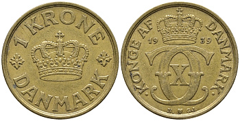 ДАНИЯ 1 КРОНА 1939 N; GJ, КРИСТИАН X (1912-1947) KM 824.2 алюминиевая бронза 34-1144