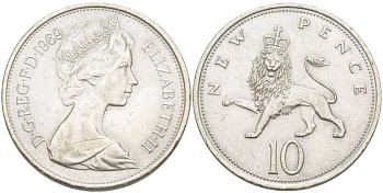 Великобритания 10 пенсов 1969 Елизавета II (1952-2022) KM 912, Spink 4231 (F1) медно-никель 215-814