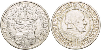 Швеция 2 кроны 1921 W, Густав V (1907-1950), 400 лет политических свобод KM 799 серебро UNC 1520-321