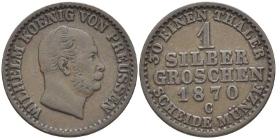 ПРУССИЯ 1 ГРОШ 1870 С, ВИЛЬГЕЛЬМ I (1861-1888) KM 485 серебро 201-648