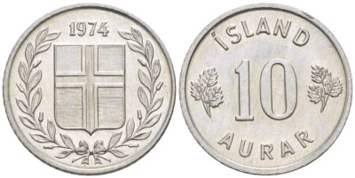 Исландия 10 эйре 1974 KM 10а алюминий UNC 66-311