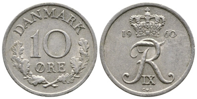 ДАНИЯ 10 ЭРЕ 1958 C; S, ФРЕДЕРИК IX (1947-1972) КМ 849.1 медно-никель 26-856