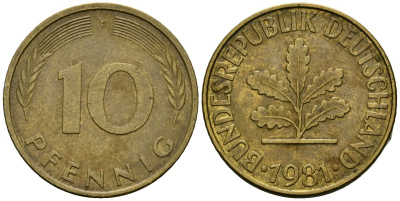 ФРГ 10 пфеннигов 1981 F KM 108 сталь плакированная латунью 4138-522