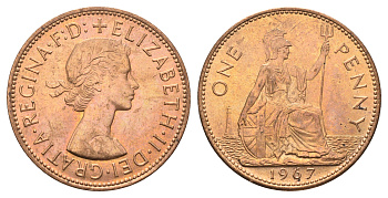 Великобритания 1 пенни 1967 Елизавета II (1952-2022) KM 897, Spink 4157 бронза UNC 4661-943