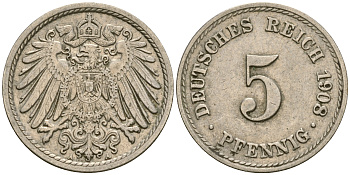 Германия 5 пфеннигов 1908 A KM 11, Jager 12, Weege 6 медно-никель 4364-4554