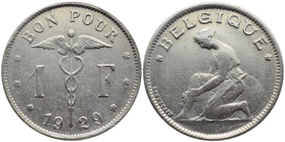 БЕЛЬГИЯ 1 ФРАНК 1929 BELGIQUE KM 89 никель 4393-846