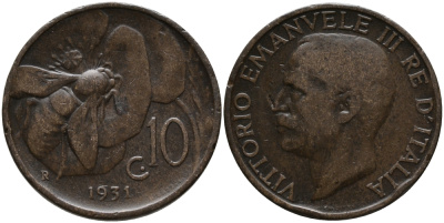 ИТАЛИЯ 10 ЧЕНТЕЗИМО 1931 R, ВИКТОР ИМАНУИЛ, ПЧЕЛА KM 60 медь 76-741