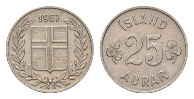 Исландия 25 эйре 1957 KM 11 медно-никель 4690-611