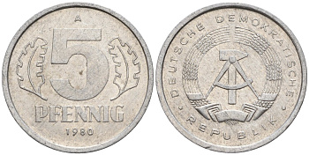ГДР 5 пфеннигов 1980 A KM 9.2 алюминий 4143-723