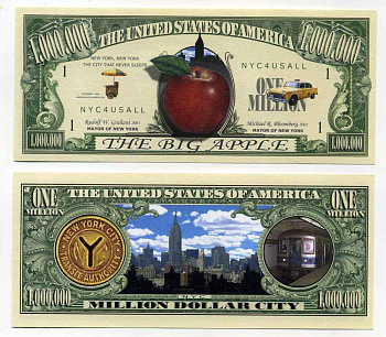 США 1000000 ДОЛЛАРОВ 2002 СУВЕНИРНАЯ БАНКНОТА, ГОРОД НЬЮ-ЙОРК БОЛЬШОЕ ЯБЛОКО бумага UNC (ПРЕСС) 8588-61-2-2