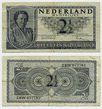 НИДЕРЛАНДЫ 2 1/2 ГУЛЬДЕНА 1945 Pick 71 бумага 444-102-3