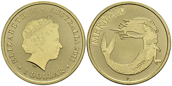 Австралия 1 доллар 2011 серия мифические существа, русалка KM 1584 алюминиевая бронза UNC 00-00