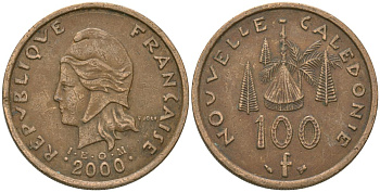 Французская Новая Каледония 100 франков 2000 хижина среди сосен и пальм, (IEOM) KM 15, Schoen 16, Lec 139d никель бронза 97-746