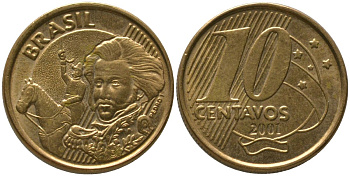Бразилия 10 сентаво 2001 KM 649, Schon 157 сталь плакированная бронзой 4523-636