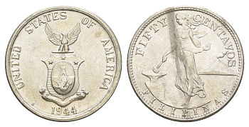Филиппины 50 сентаво 1944 Администрация США KM 183 серебро aUNC 633-624