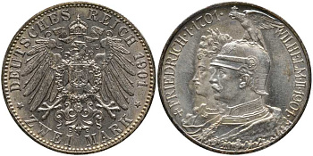 Пруссия 2 марки 1901 A, 200 лет Прусской королевской династии (Фридрих I - Вильгельм II) J.105, Weege 105, KM 525 серебро 1515-1343