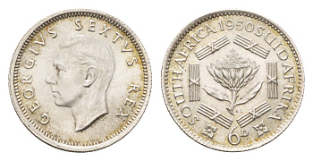ЮАР 6 пенсов 1950 Георг VI (1936-1952) KM 36.1 серебро UNC 1525-114