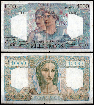 Франция 1000 франков 1950 Pick 130 c бумага 7198-5-2-2