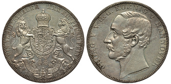 Брауншвейг-Каленберг-Ганновер 1 талер 1865 B, Георг V (1851-1866) KM 230, AKS 144, Dav. 682, Kahnt 239, Thun 174 серебро UNC 00-816-48