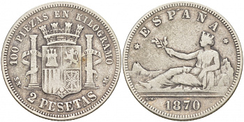 Испания 2 песеты 1870 (70) SN-M KM 654 серебро 3853-122